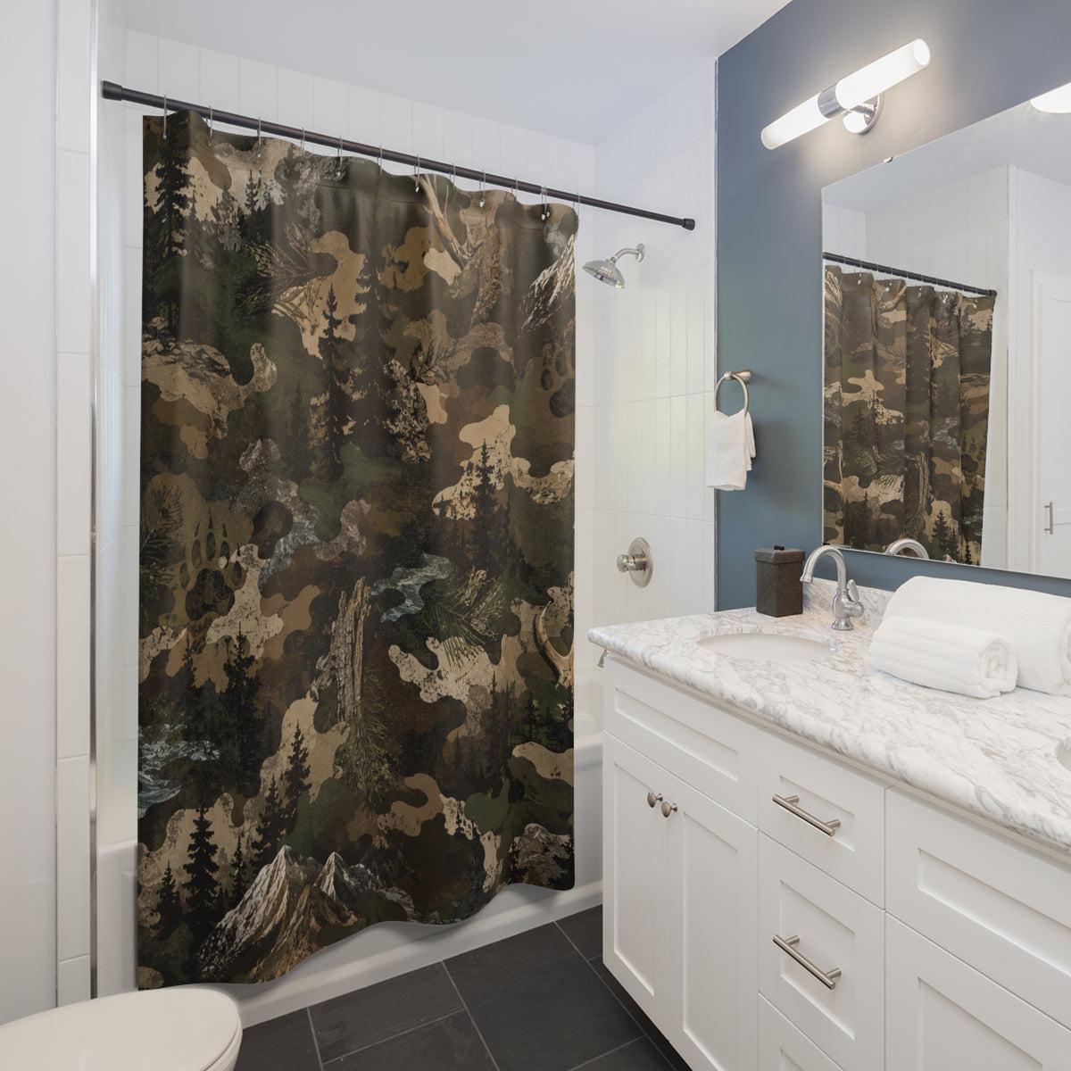 Camo Wilderness Shower Curtain — Mountain & Pine Forest Camouflage Bathroom Decor