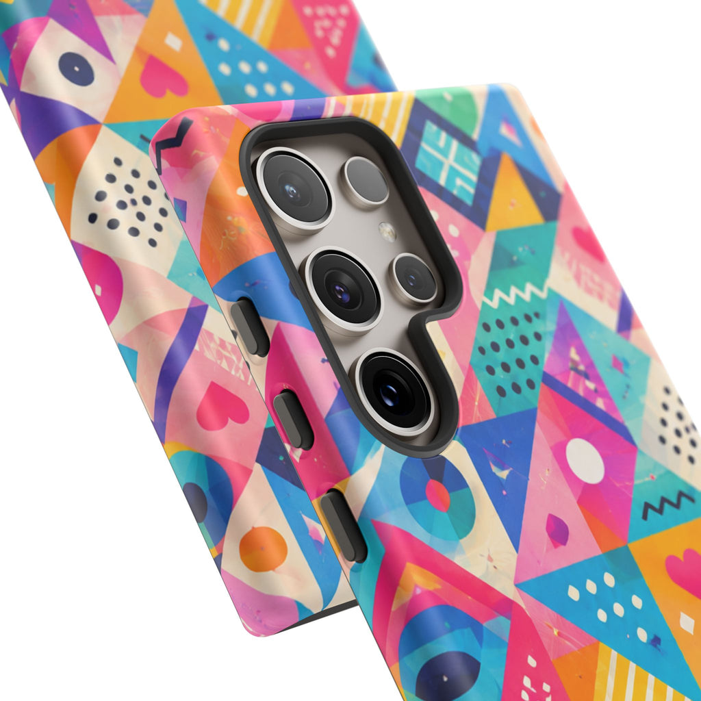 Colorful Geometric Tough Phone Case — Bright Abstract Heart & Triangle Pattern