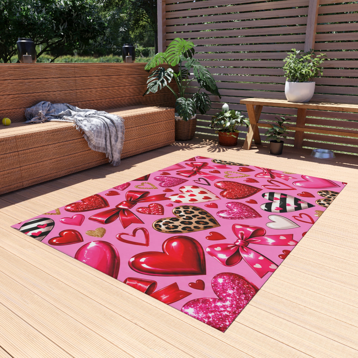 Valentine Heart Pattern Outdoor Rug - Pink Hearts & Bows Patio Mat