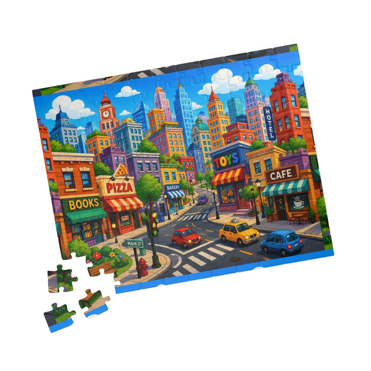 Colorful City Street Puzzle 520-Piece | Vibrant Downtown Illustration