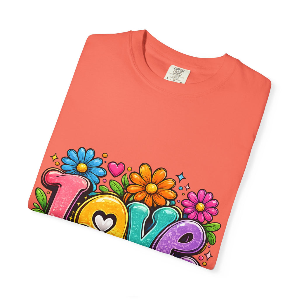 Retro Floral "Love" Design T-shirt | Colorful 70s Heart Typography