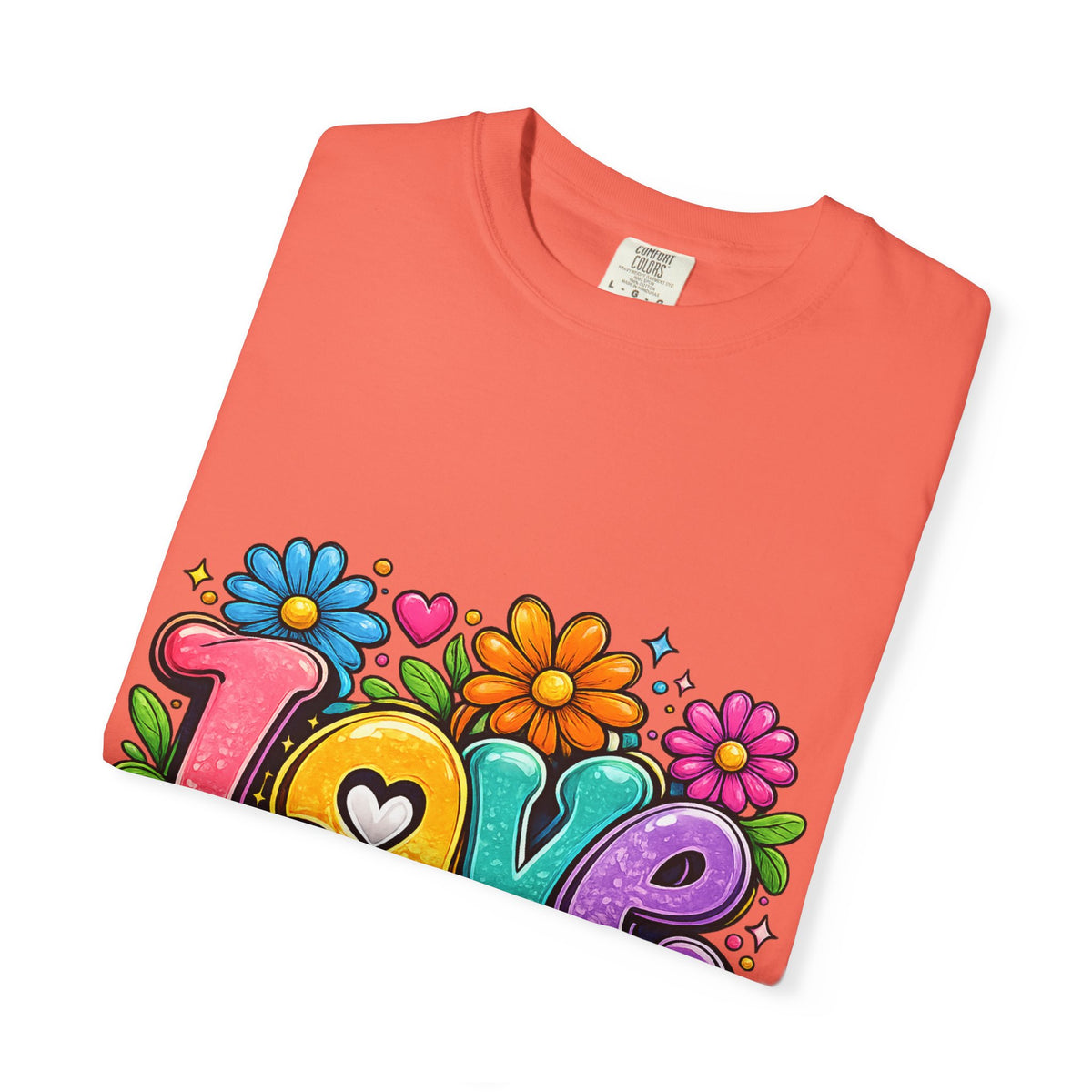 Retro Floral "Love" Design T-shirt | Colorful 70s Heart Typography