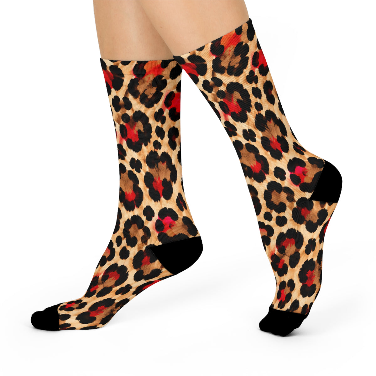 Leopard Print Crew Socks — Cushioned Animal Print Socks with Red Accent