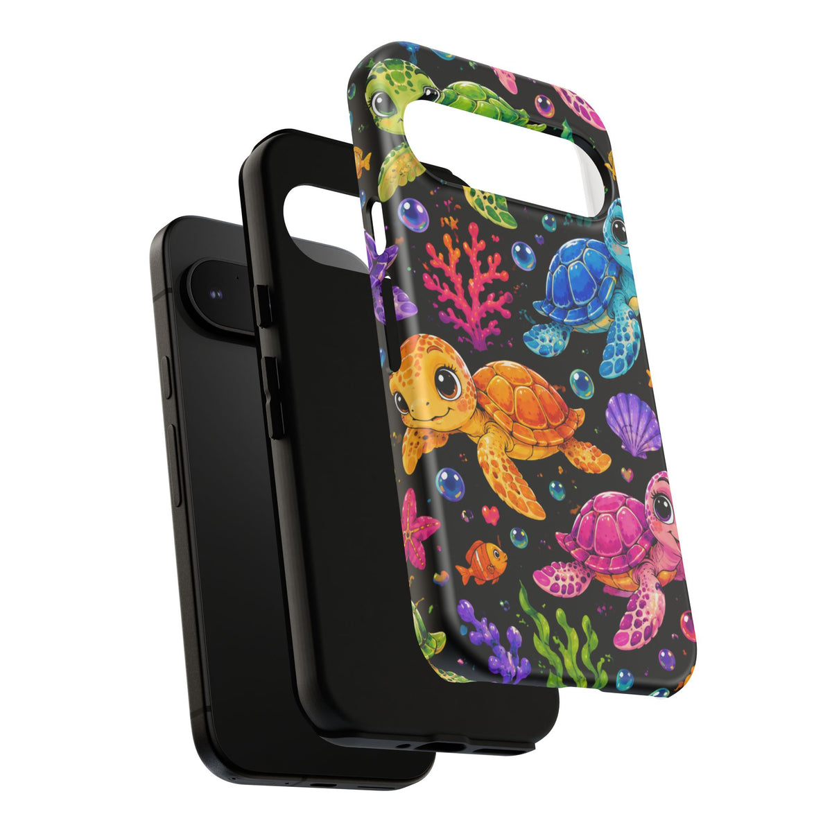 Phone Case — Colorful Cute Sea Turtles on Black (Protective Smartphone Cover)
