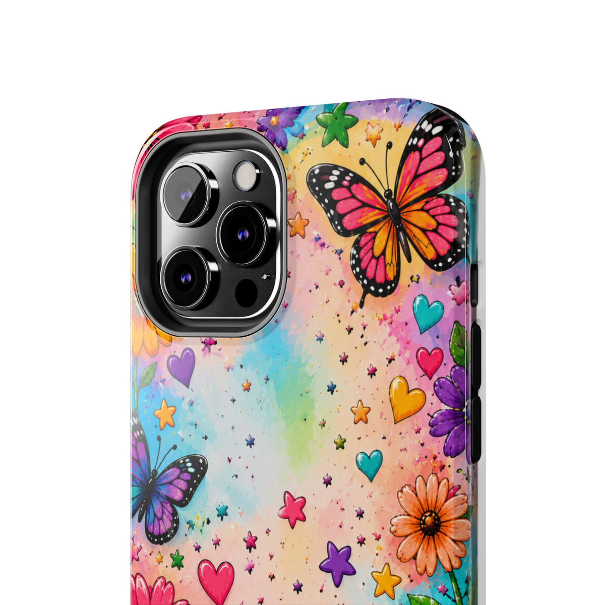 Colorful Butterflies and Flowers Tough Phone Case | Rainbow Hearts Stars