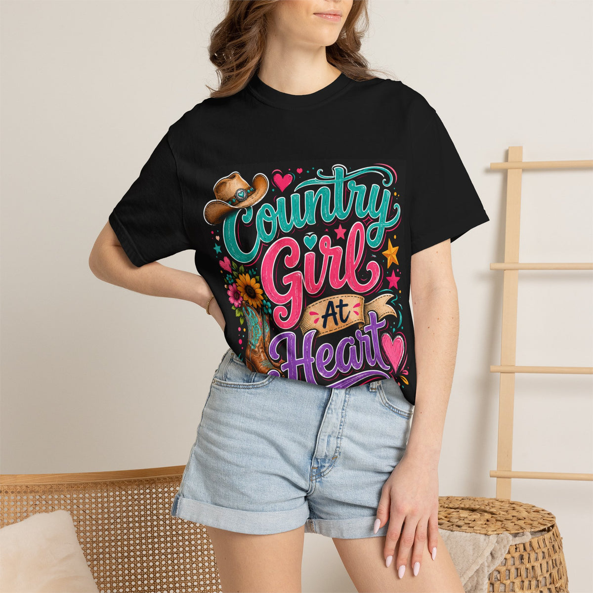 Country Girl At Heart T-Shirt | Cowgirl Hat, Sunflower, Boots