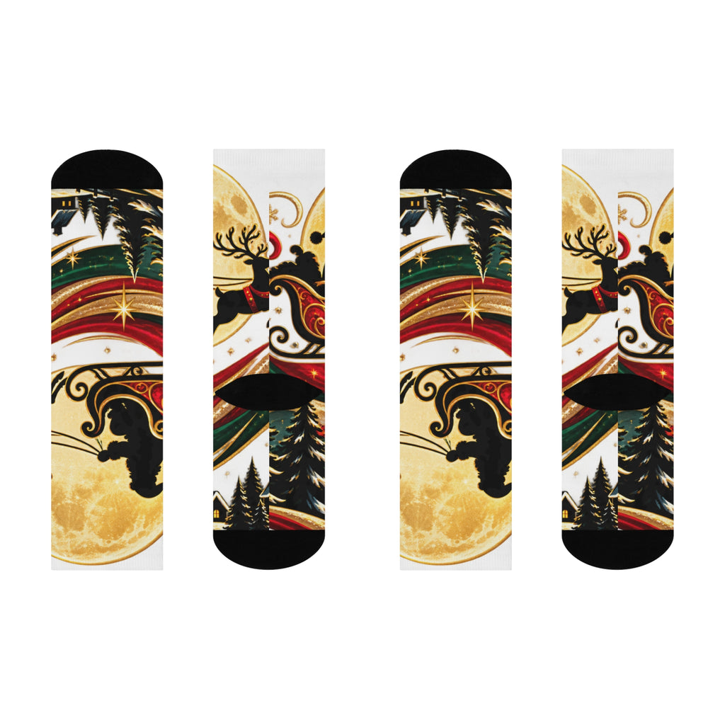 Christmas Santa Sleigh Crew Socks — Moonlit Reindeer Holiday Cushion Socks