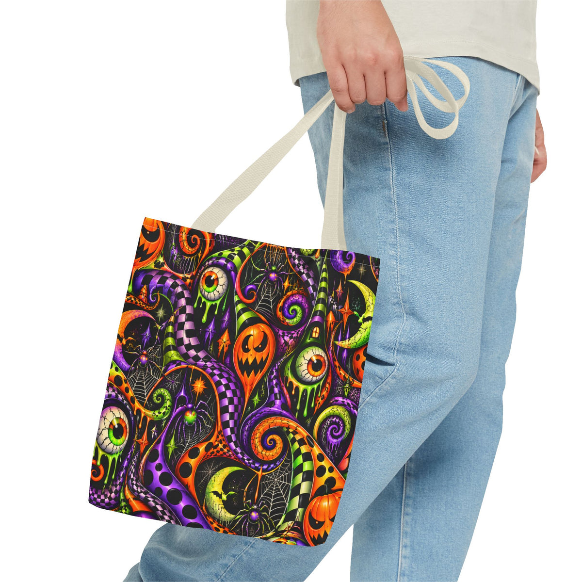 Halloween Swirl Tote Bag — Spooky Jack-o'-Lantern & Eyeball Allover Print