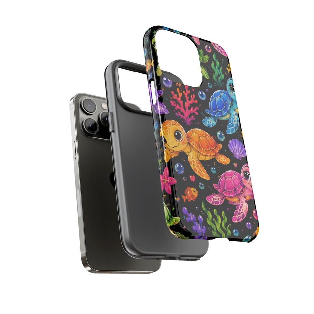 Phone Case — Colorful Cute Sea Turtles on Black (Protective Smartphone Cover)
