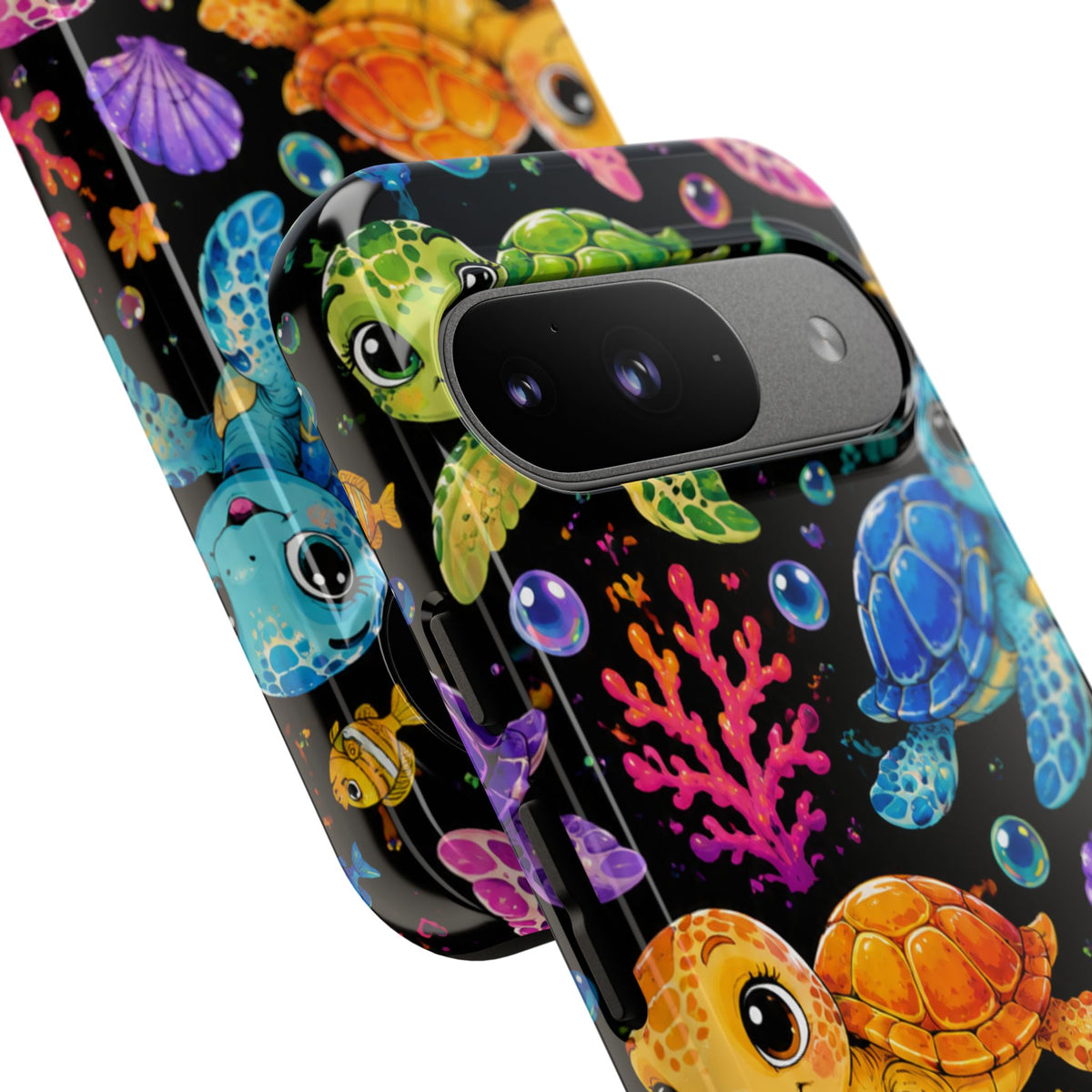 Phone Case — Colorful Cute Sea Turtles on Black (Protective Smartphone Cover)