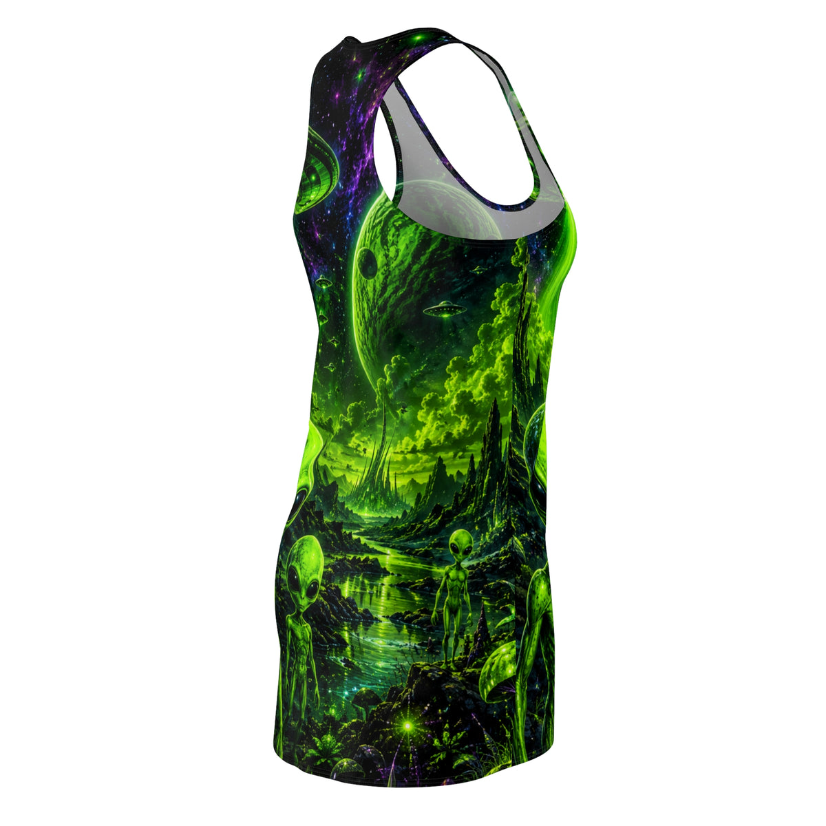 Alien Invasion Racerback Dress — Neon Green Extraterrestrial AOP Halloween
