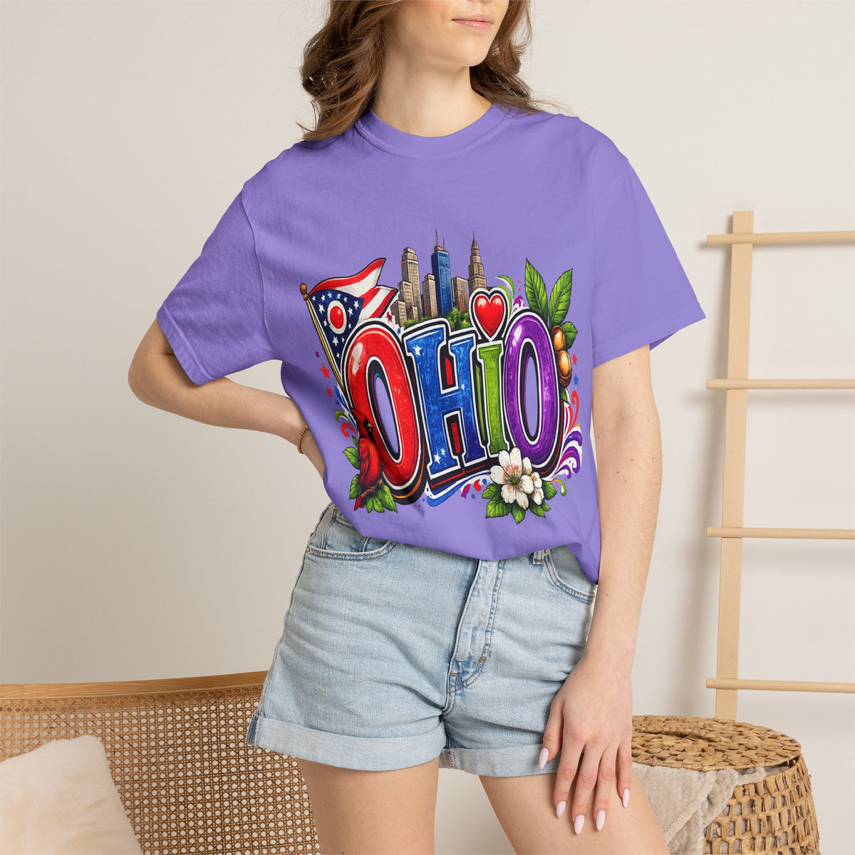 Ohio State Skyline Graphic T-shirt | State Flag Floral Design