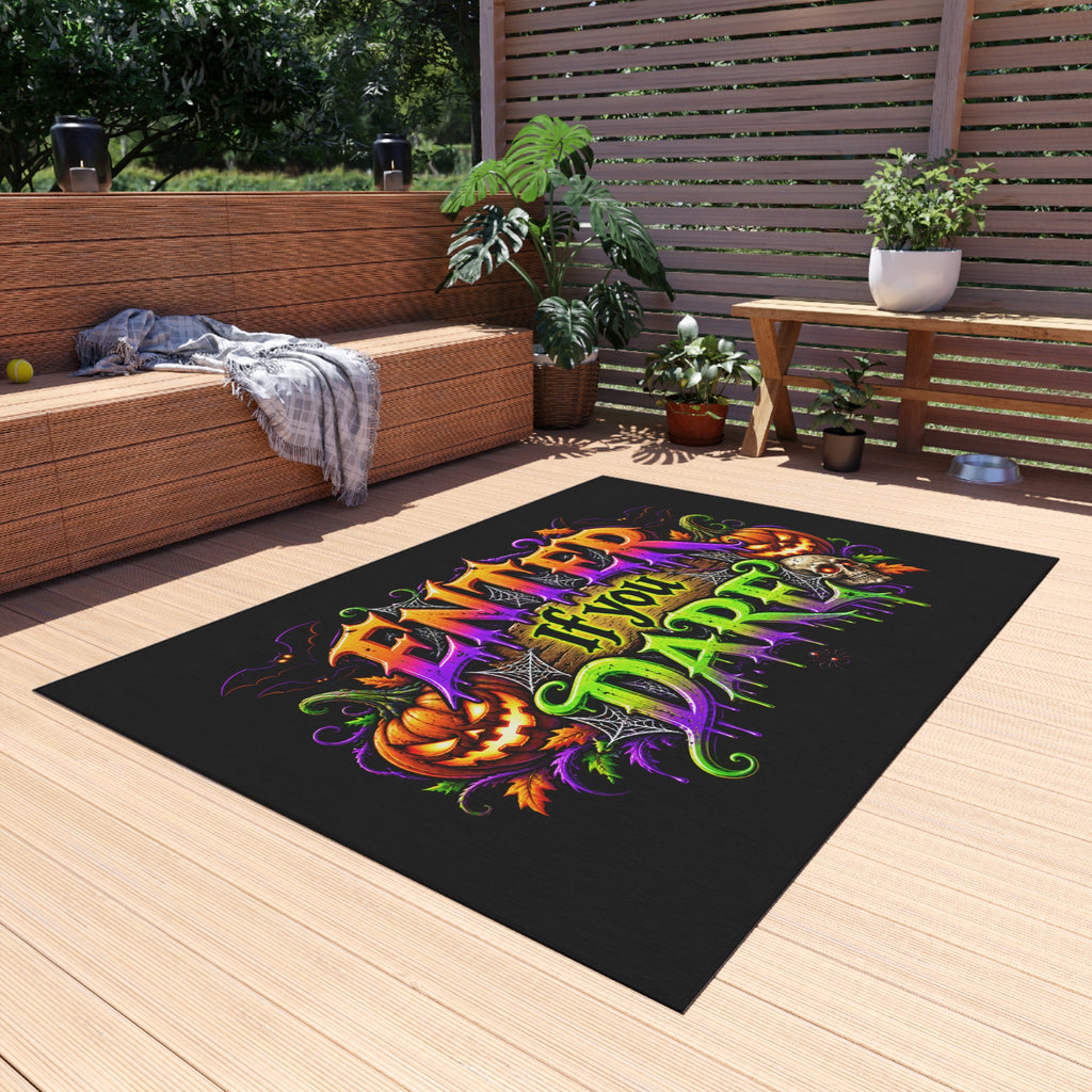 Outdoor Rug — "Enter If You Dare" Halloween Doormat with Pumpkins & Skull