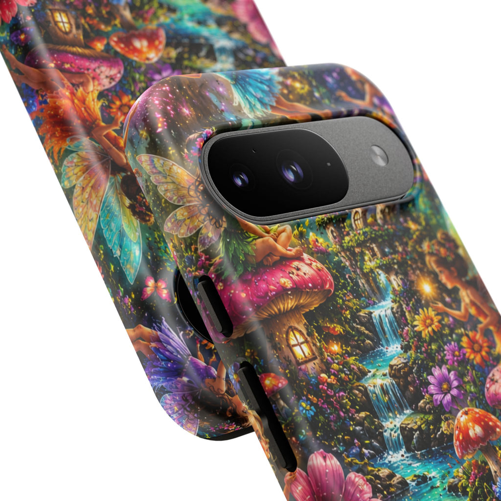 Fairy Garden Tough Phone Case — Whimsical Cottage, Waterfall & Mushroom Artwork
