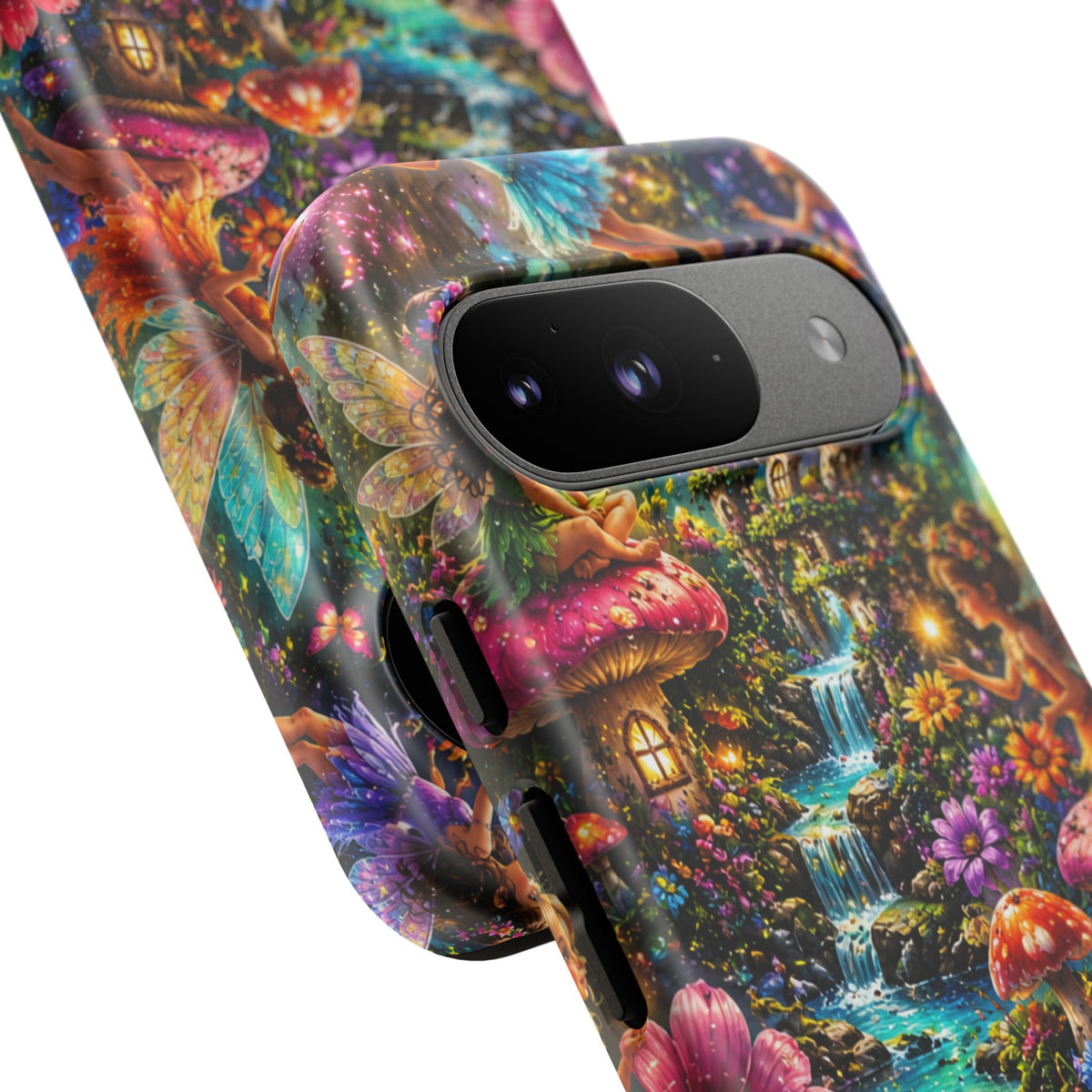 Fairy Garden Tough Phone Case — Whimsical Cottage, Waterfall & Mushroom Artwork