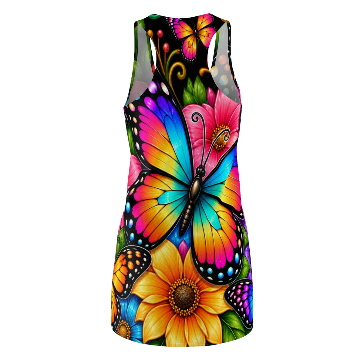 Colorful Butterfly & Sunflower Racerback Dress | Vibrant Floral Butterfly Print