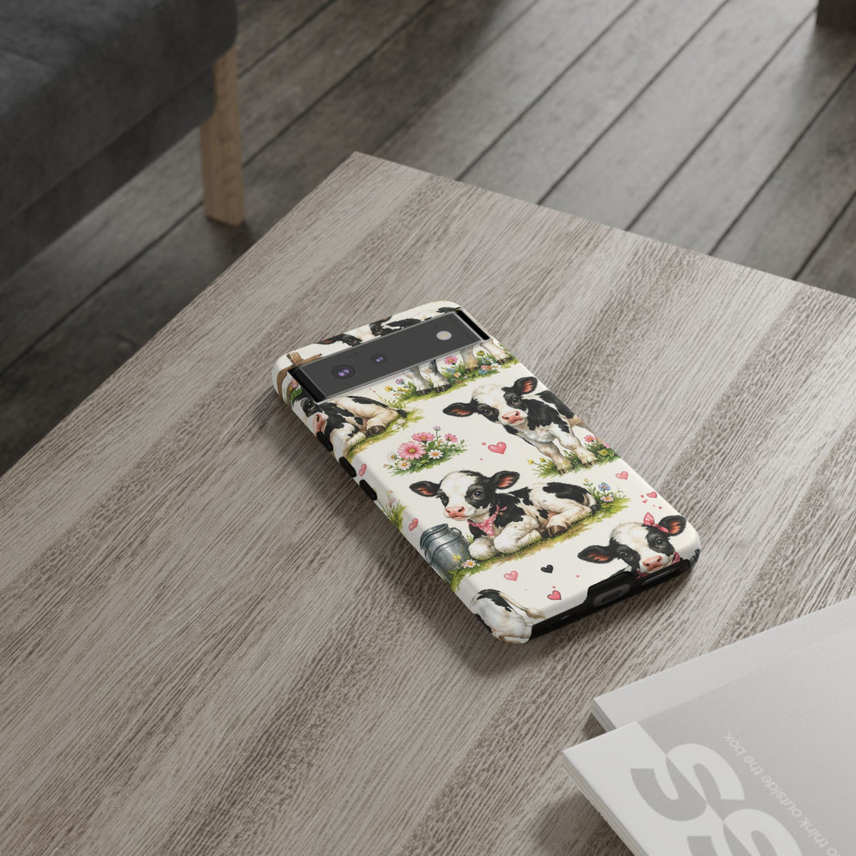 Cute Calf Pattern Phone Case – Pastel Cow Hearts & Flowers Protective Cover
