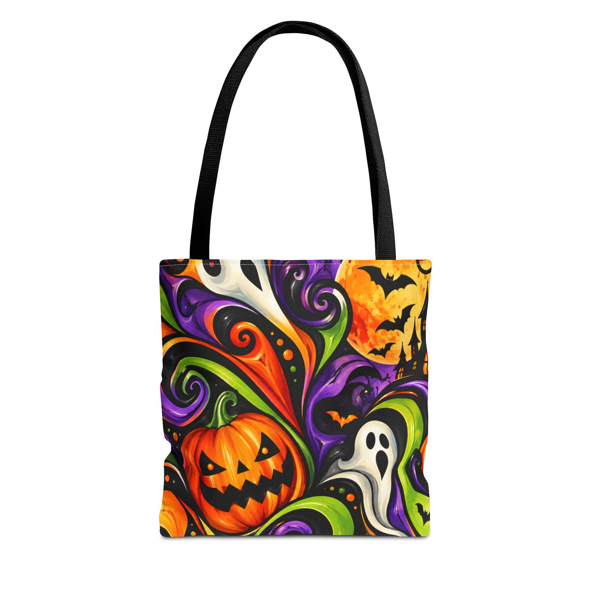 Halloween Swirl Tote Bag — Colorful Pumpkin & Ghost Trick-or-Treat Tote