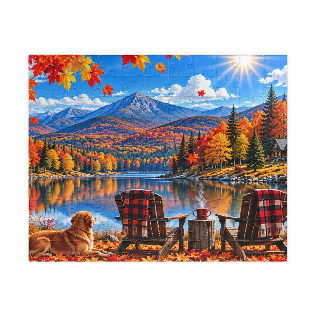 Autumn Lakeview Jigsaw Puzzle — Mountain Cabin Fall Scenery (110–1014 pcs)