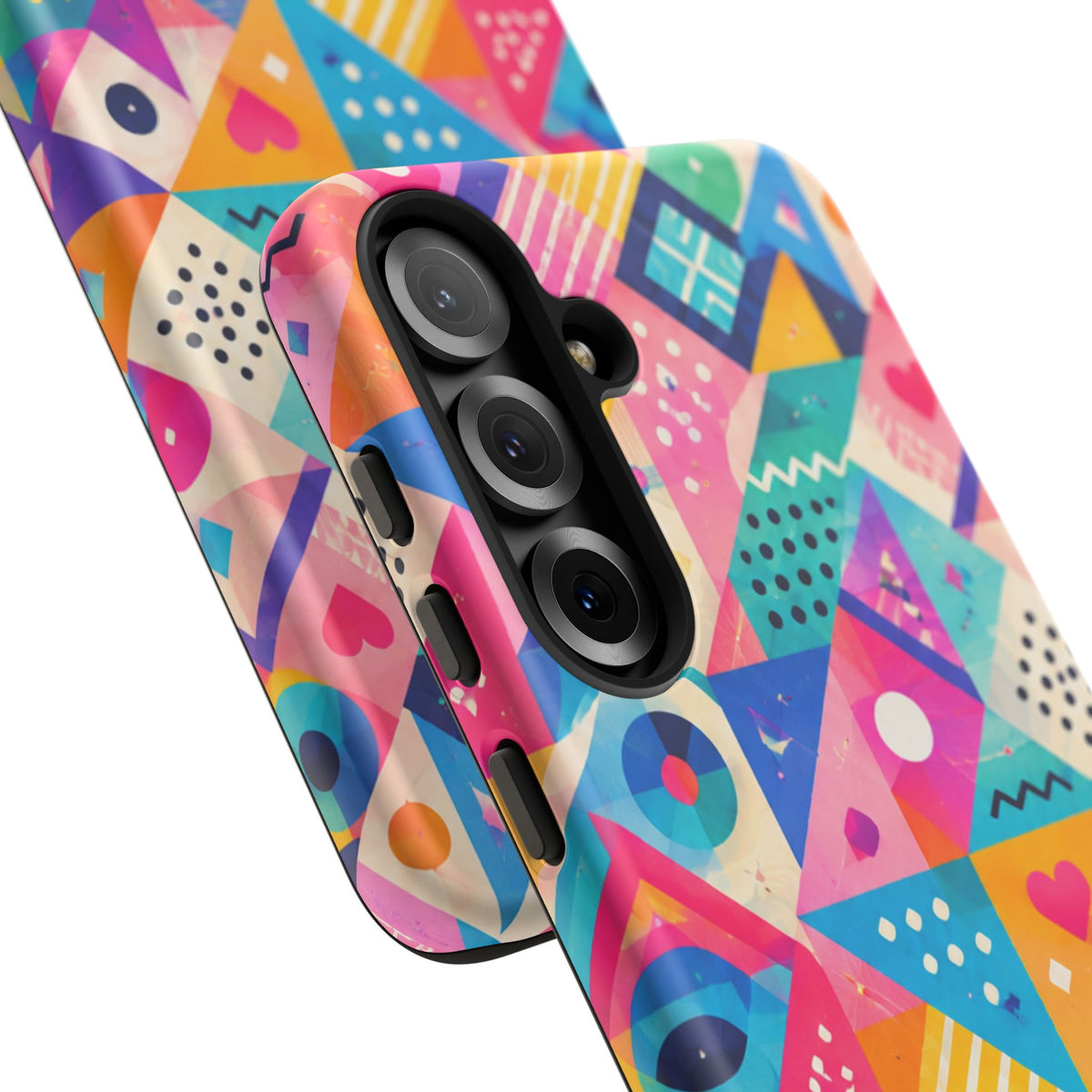 Colorful Geometric Tough Phone Case — Bright Abstract Heart & Triangle Pattern