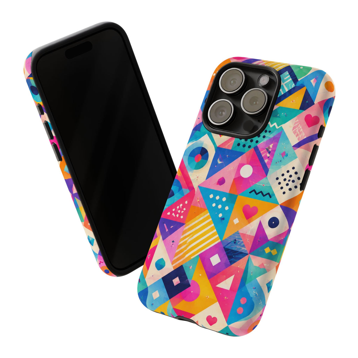 Colorful Geometric Tough Phone Case — Bright Abstract Heart & Triangle Pattern