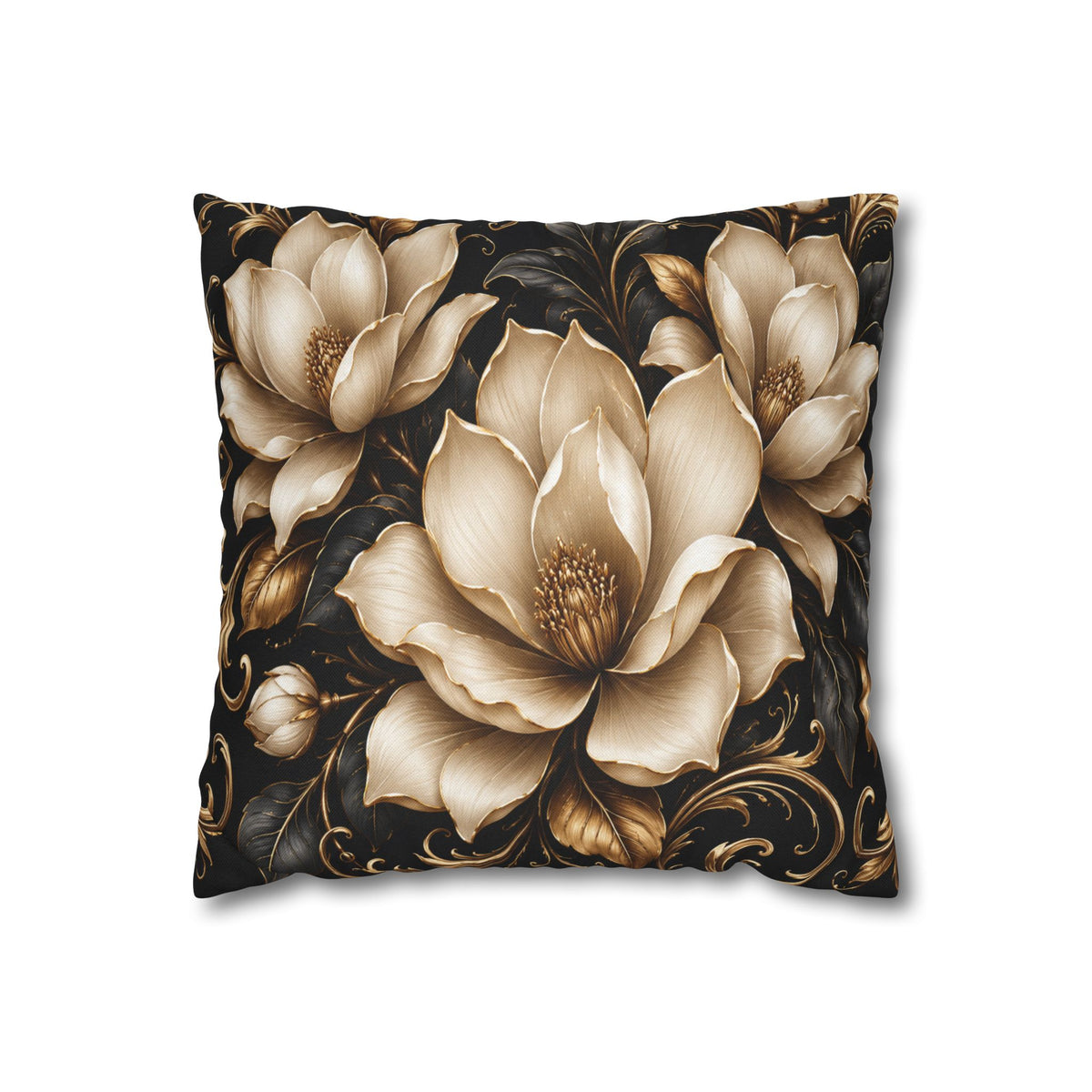 Floral Velvet Magnolia Pillowcase — Elegant Cream Blossoms on Black