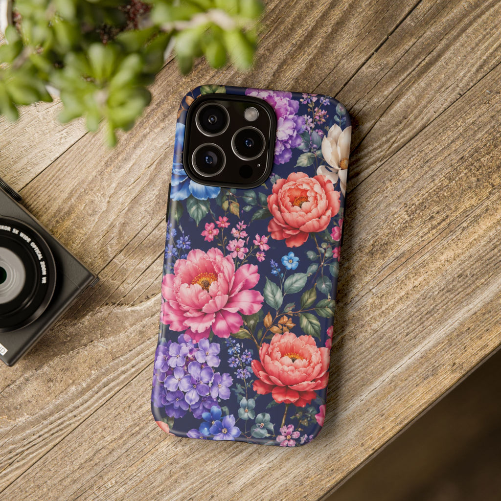 Floral Tough Phone Case – Vibrant Garden Flowers on Navy