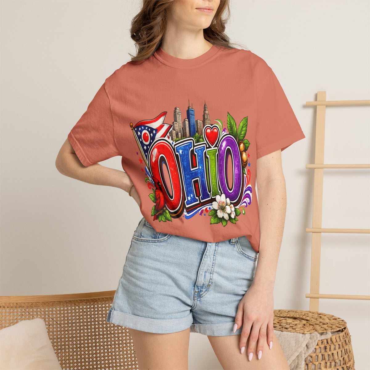 Ohio State Skyline Graphic T-shirt | State Flag Floral Design