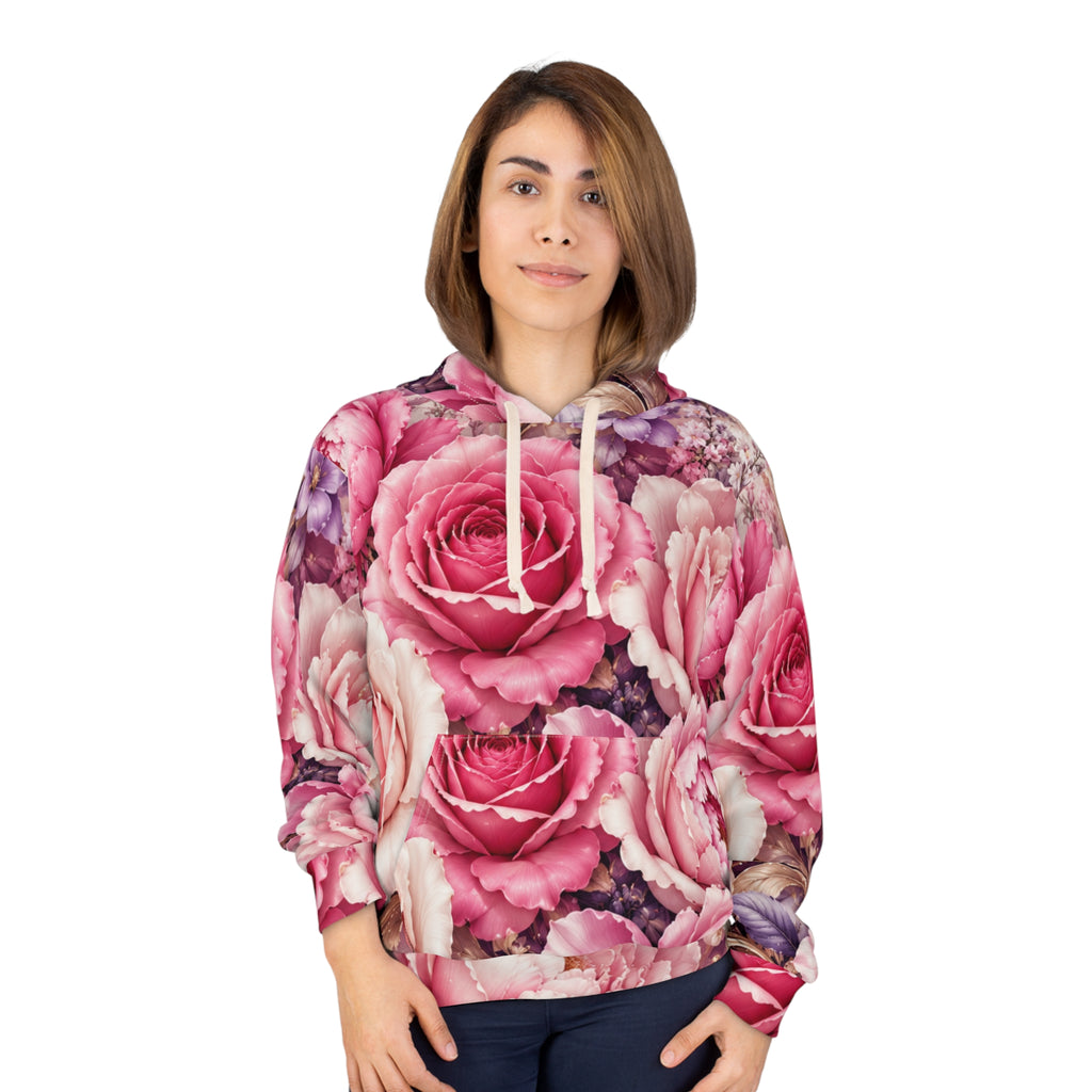 Floral Rose All-Over Print Hoodie — Pink Vintage Garden Pullover