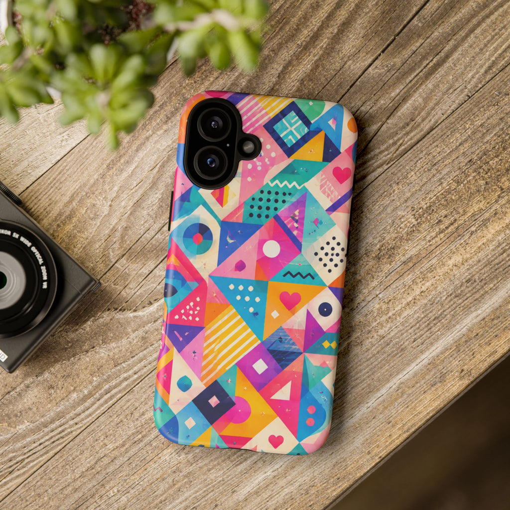 Colorful Geometric Tough Phone Case — Bright Abstract Heart & Triangle Pattern