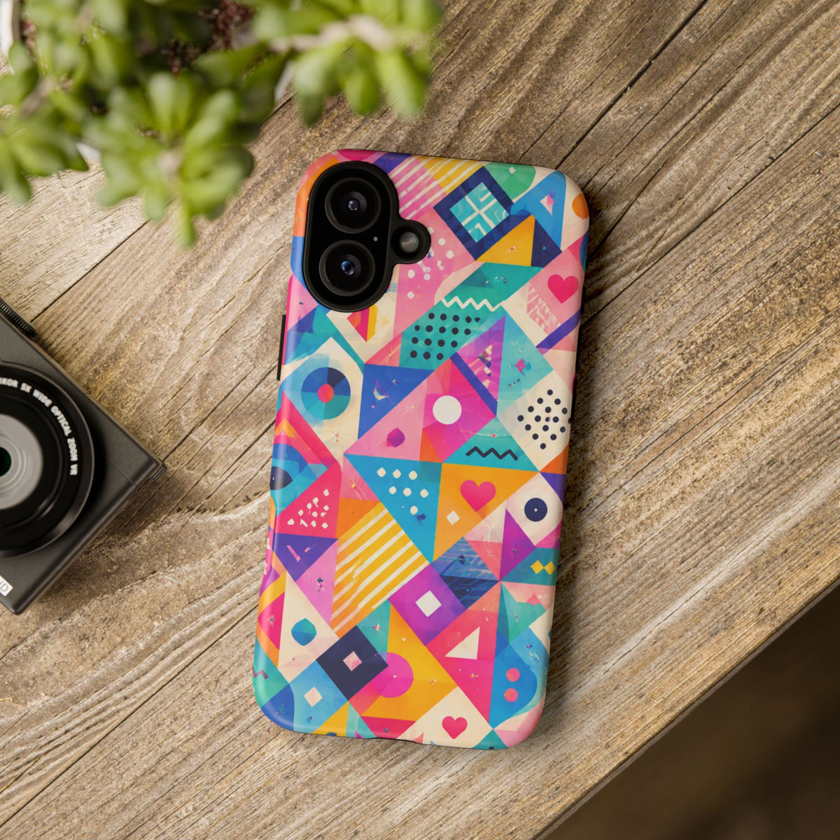 Colorful Geometric Tough Phone Case — Bright Abstract Heart & Triangle Pattern