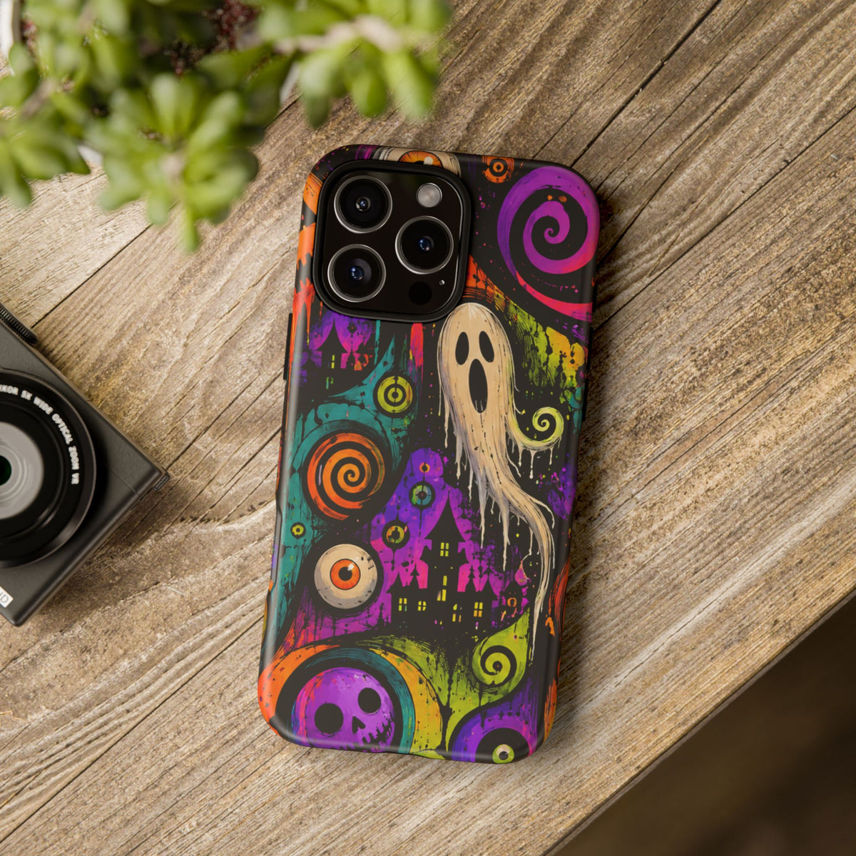 Halloween Ghost Phone Case — Colorful Spooky Skull & Haunted House Tough Case