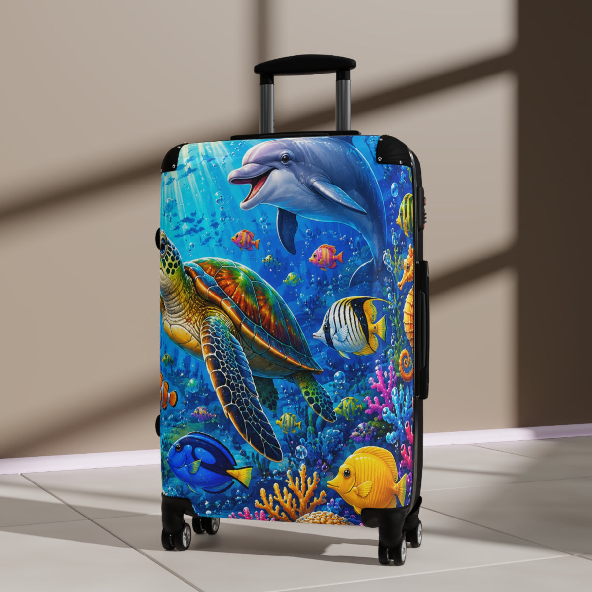 Ocean Life Carry-On Suitcase — Colorful Sea Turtle & Dolphin Luggage Cover