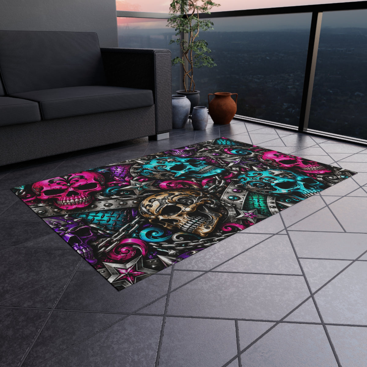 Skull Mosaic Outdoor Rug — Colorful Gothic Skull Pattern Doormat
