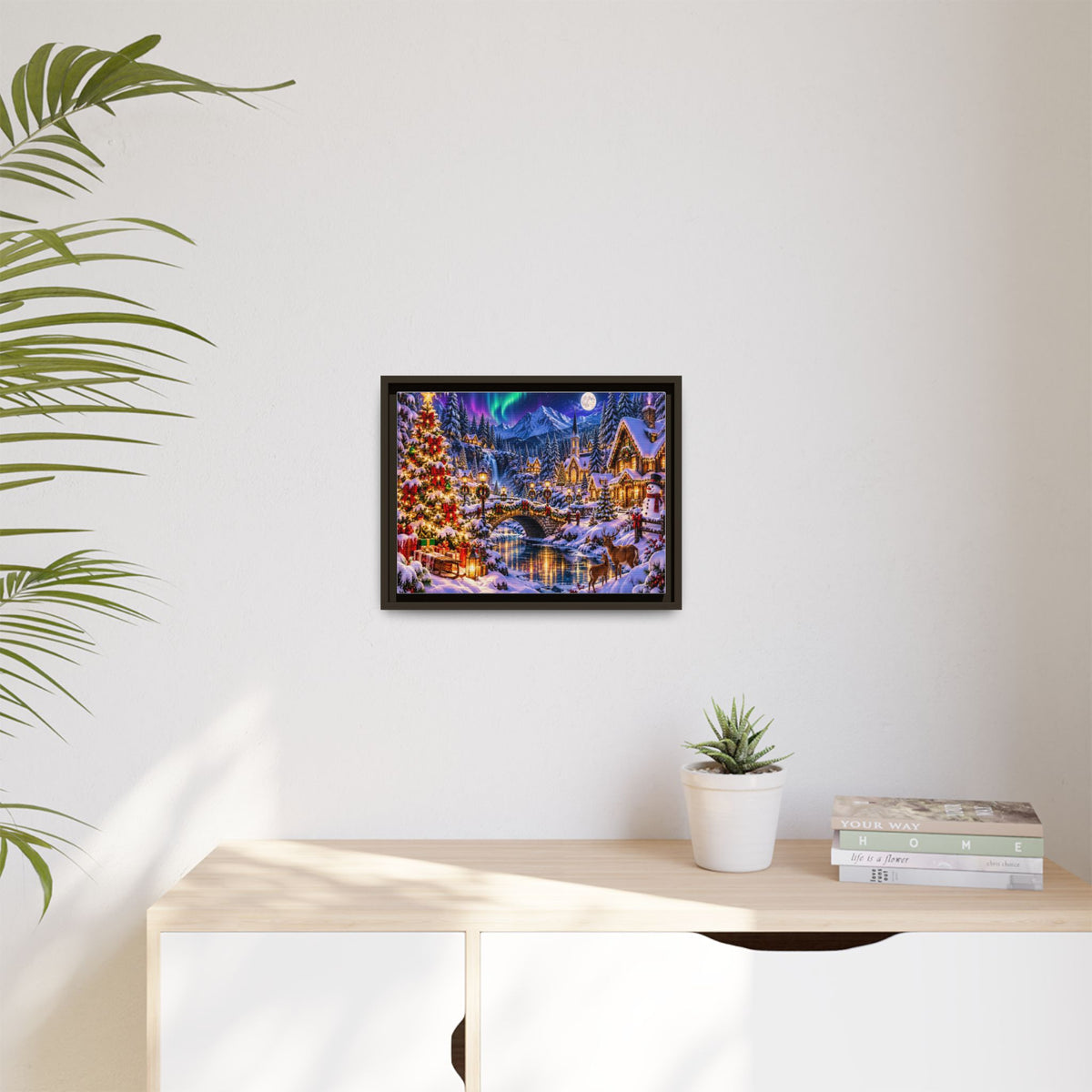 Framed Matte Canvas - Cozy Christmas Village Winter Night Wall Art