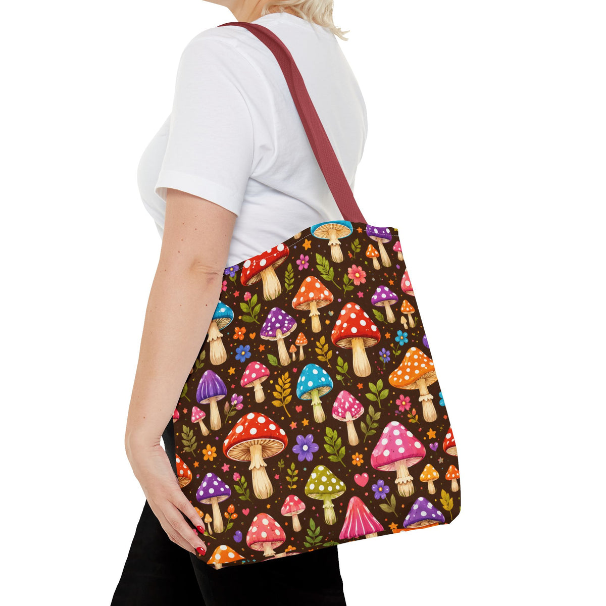 Mushroom Pattern Tote Bag — Colorful Woodland Mushroom All-Over Print Tote