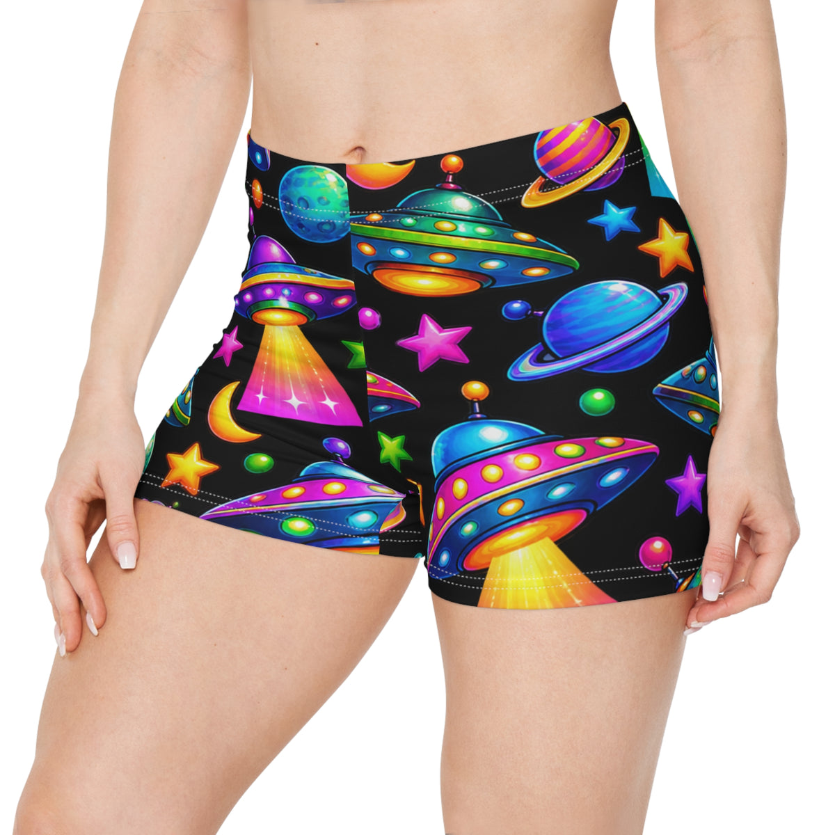Neon UFO Galaxy Women's Shorts — Colorful Space Alien Print AOP