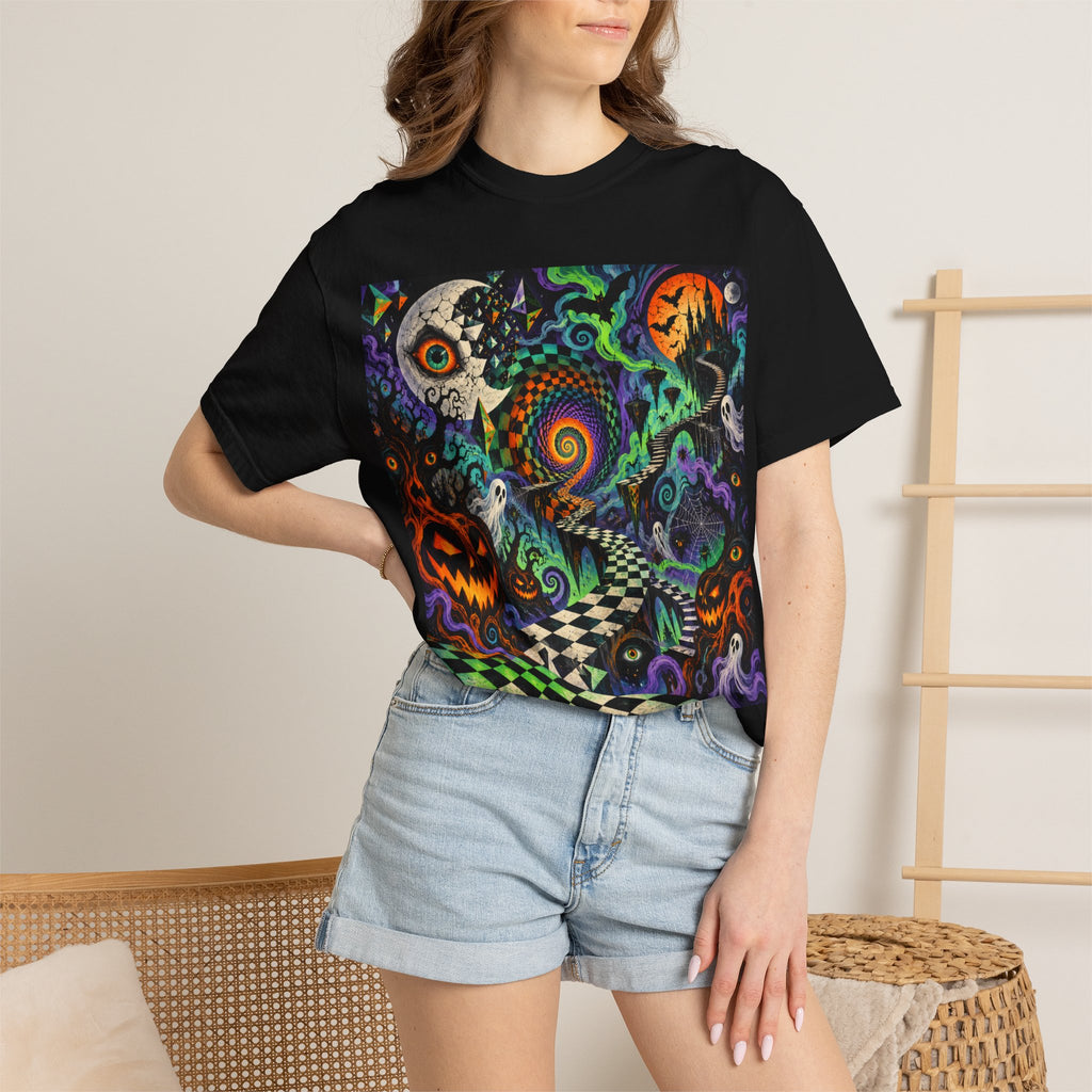 Psychedelic Halloween T-Shirt – Spooky Pumpkin & Skull Nightscape