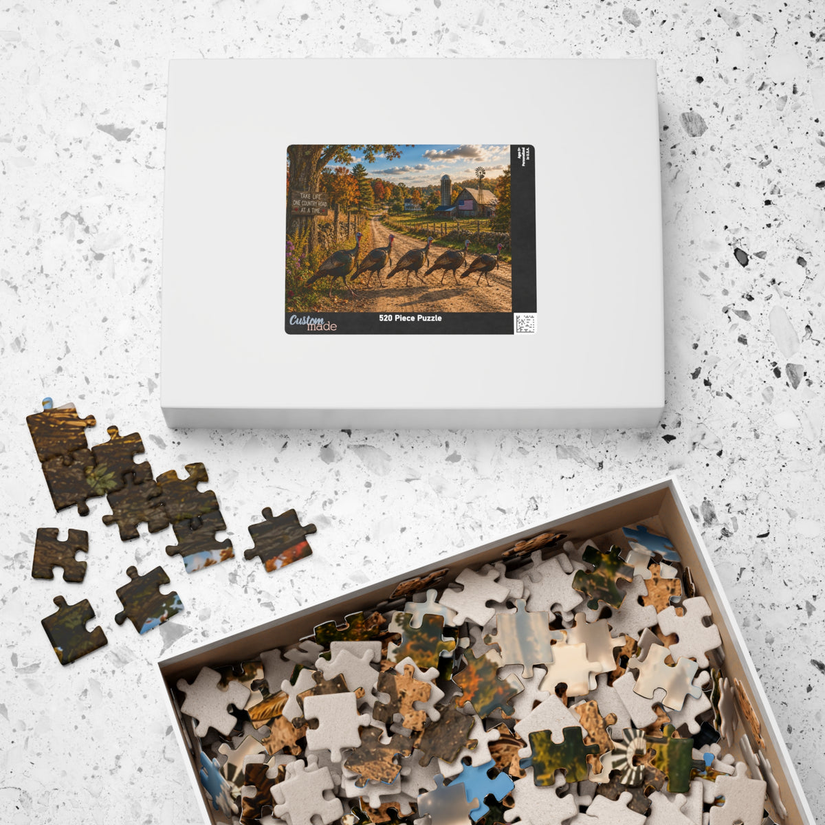 Country Road Turkeys Jigsaw Puzzle — Rustic Farmhouse Scene (110/252/520/1014 pcs)