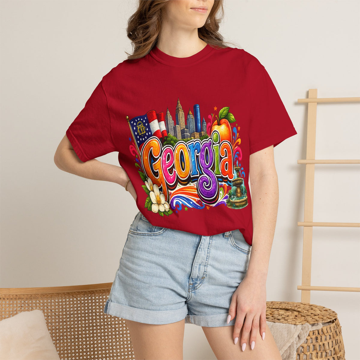 Georgia state illustration T-shirt | Atlanta skyline, peach, magnolia
