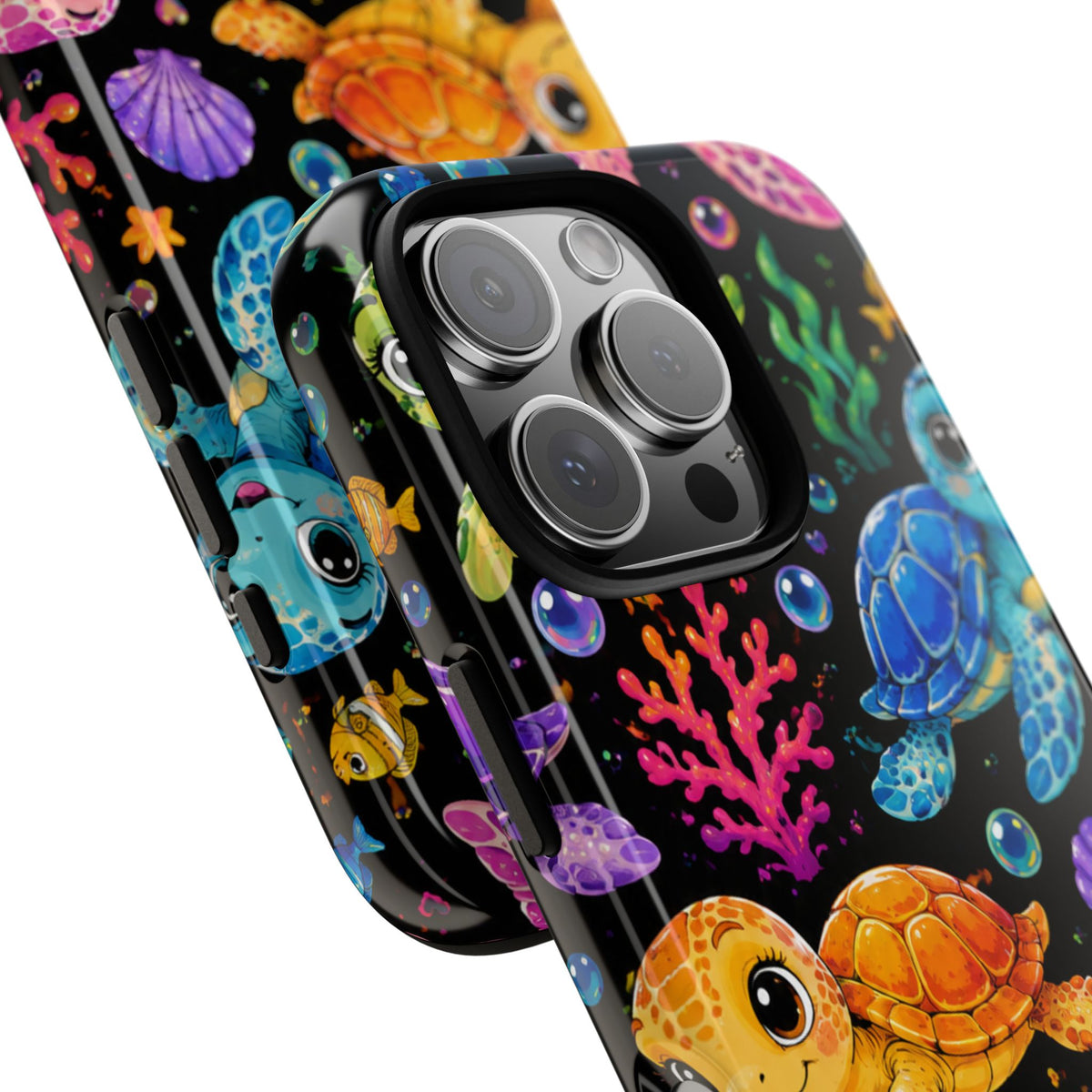 Phone Case — Colorful Cute Sea Turtles on Black (Protective Smartphone Cover)
