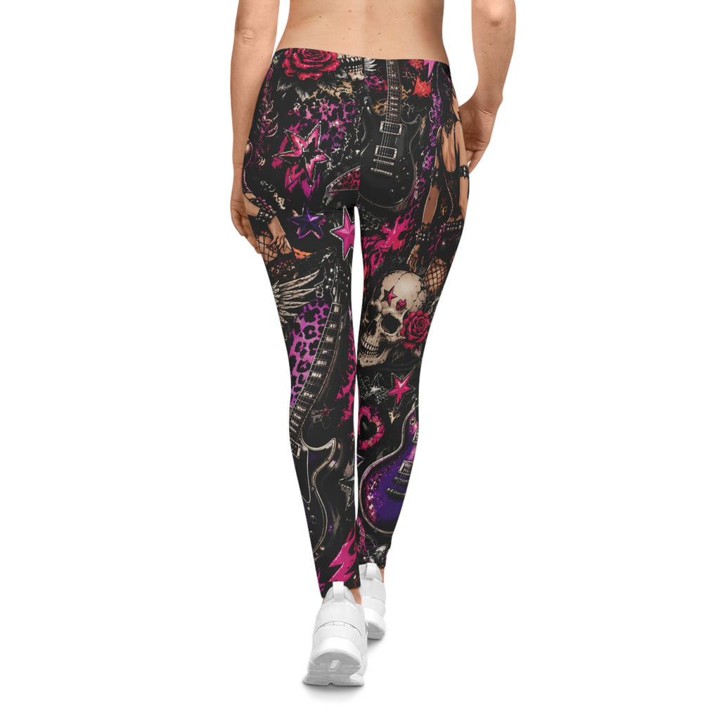 Rock Skull Pattern Leggings — Gothic Pink Skull & Guitar All-Over Print