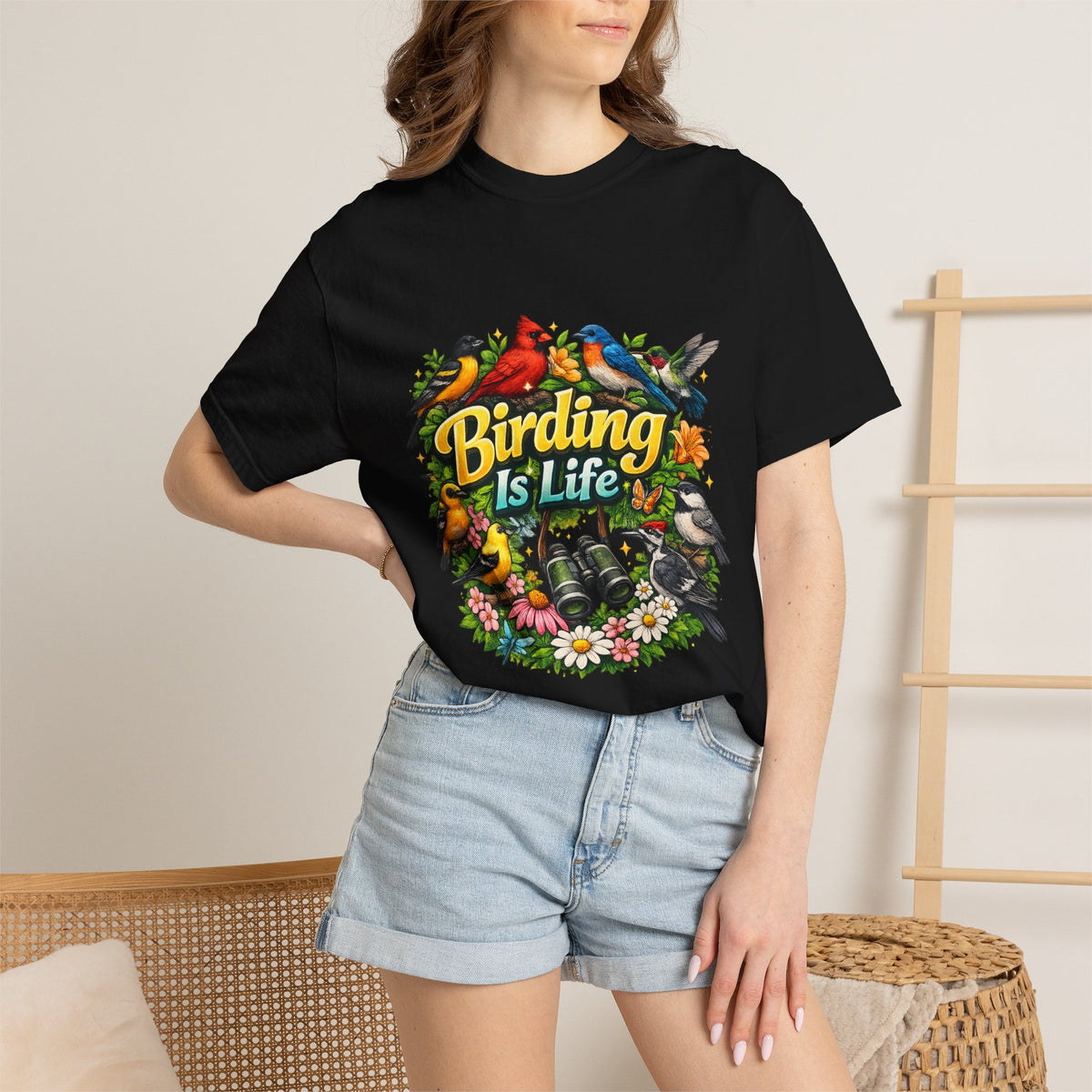 Birding Is Life T-shirt | Colorful Songbirds, Binoculars, Floral Design