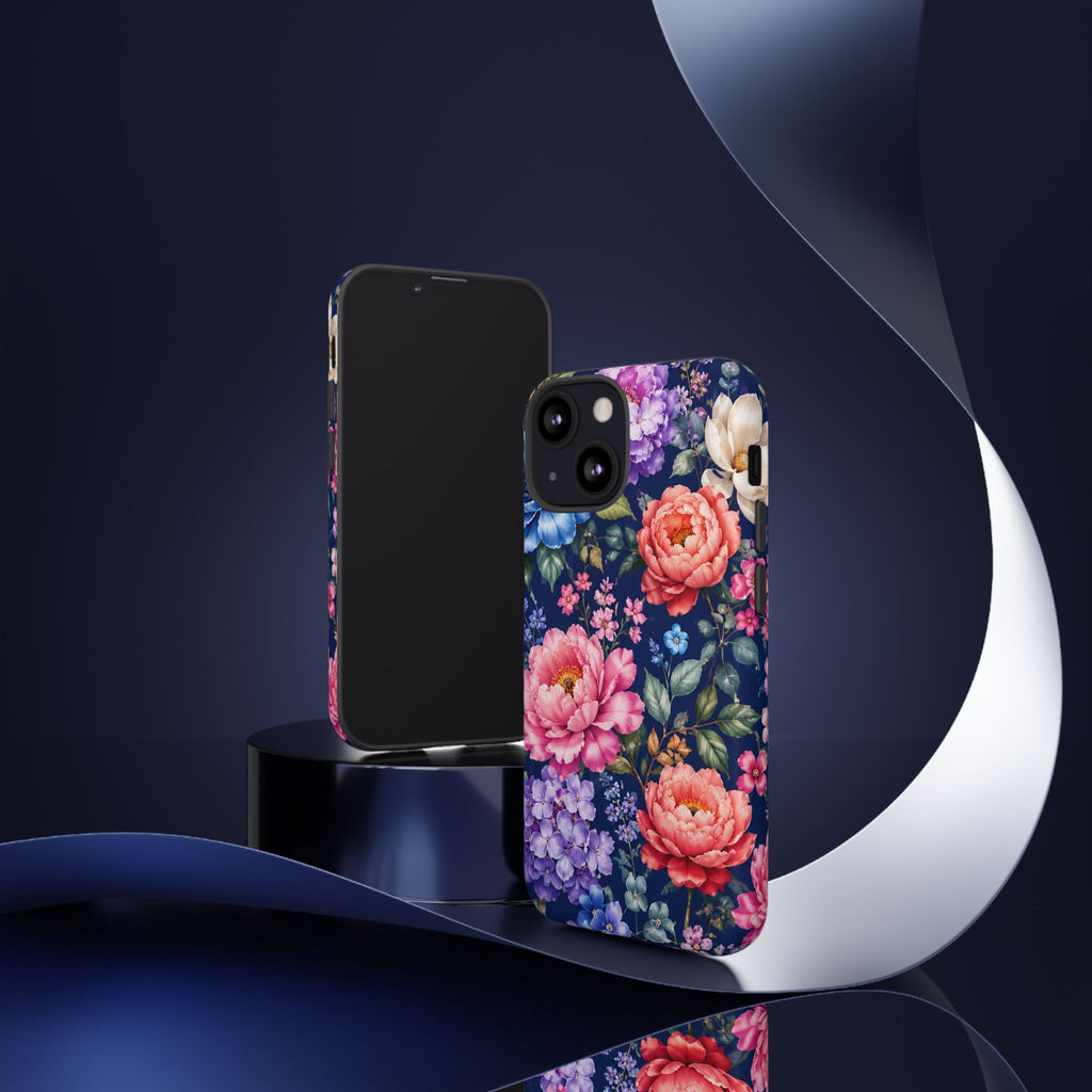 Floral Tough Phone Case – Vibrant Garden Flowers on Navy