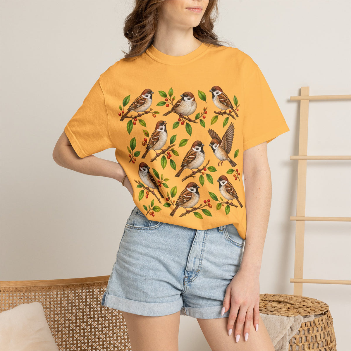 Sparrow Branches T-Shirt — Vintage Bird Illustration Tee for Bird Lovers & Nature Fans