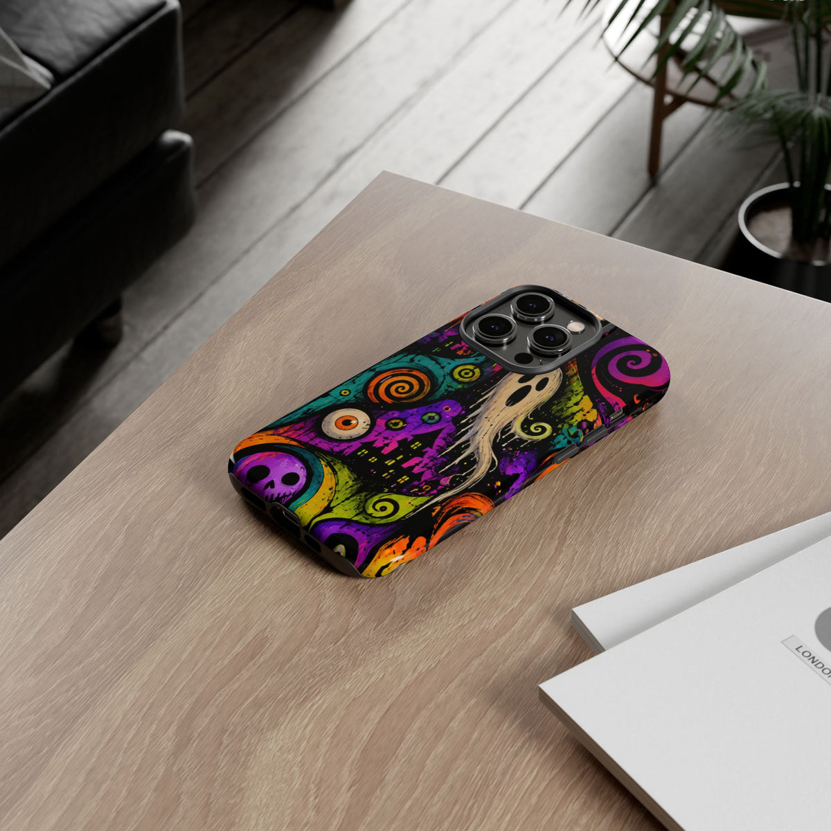 Halloween Ghost Phone Case — Colorful Spooky Skull & Haunted House Tough Case