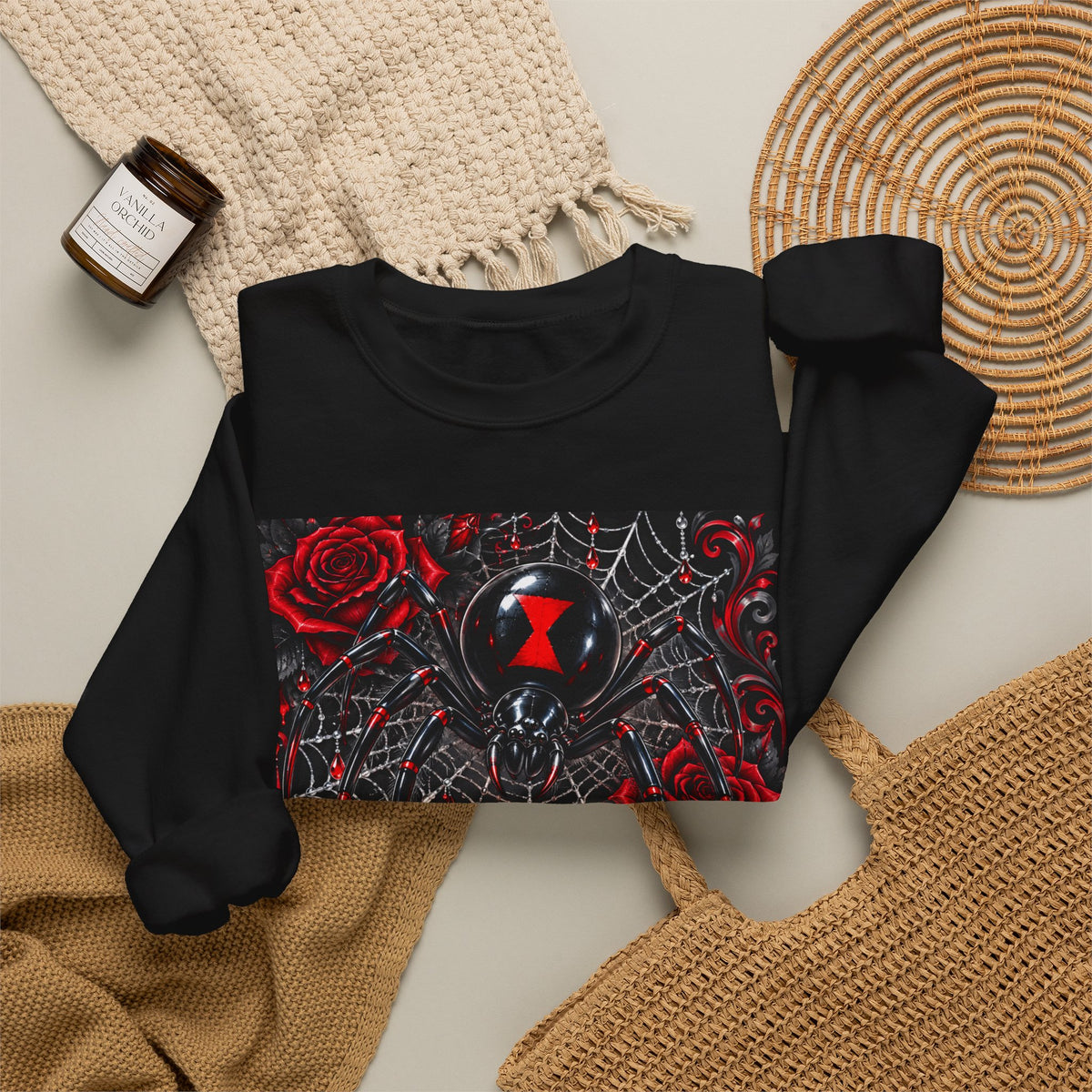 Spider Rose Crewneck Sweatshirt — Red & Black Gothic Spiderweb Design