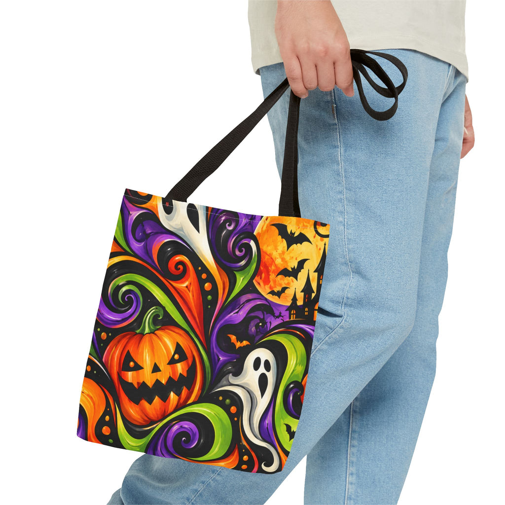Halloween Swirl Tote Bag — Colorful Pumpkin & Ghost Trick-or-Treat Tote