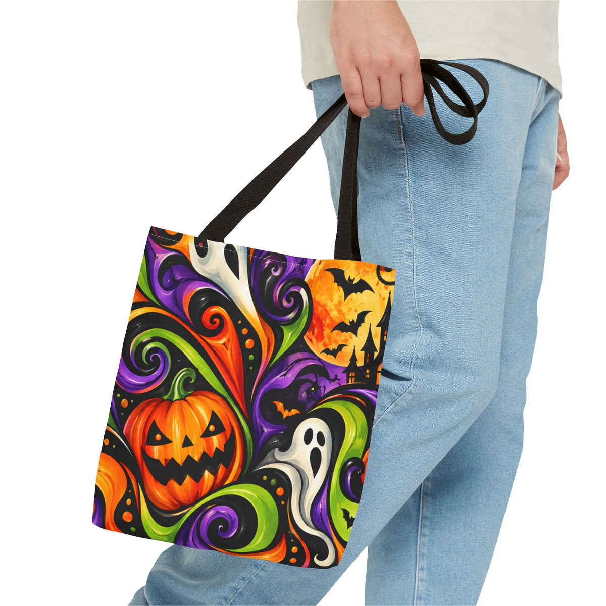Halloween Swirl Tote Bag — Colorful Pumpkin & Ghost Trick-or-Treat Tote