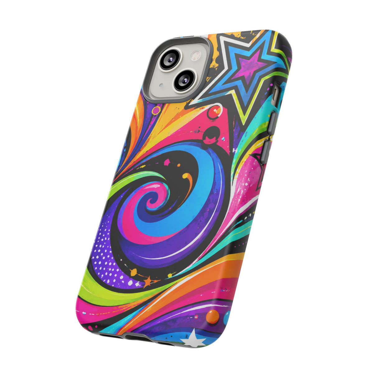 Psychedelic Swirl Phone Case — Bold Retro Stars & Neon Pop Art Tough Case